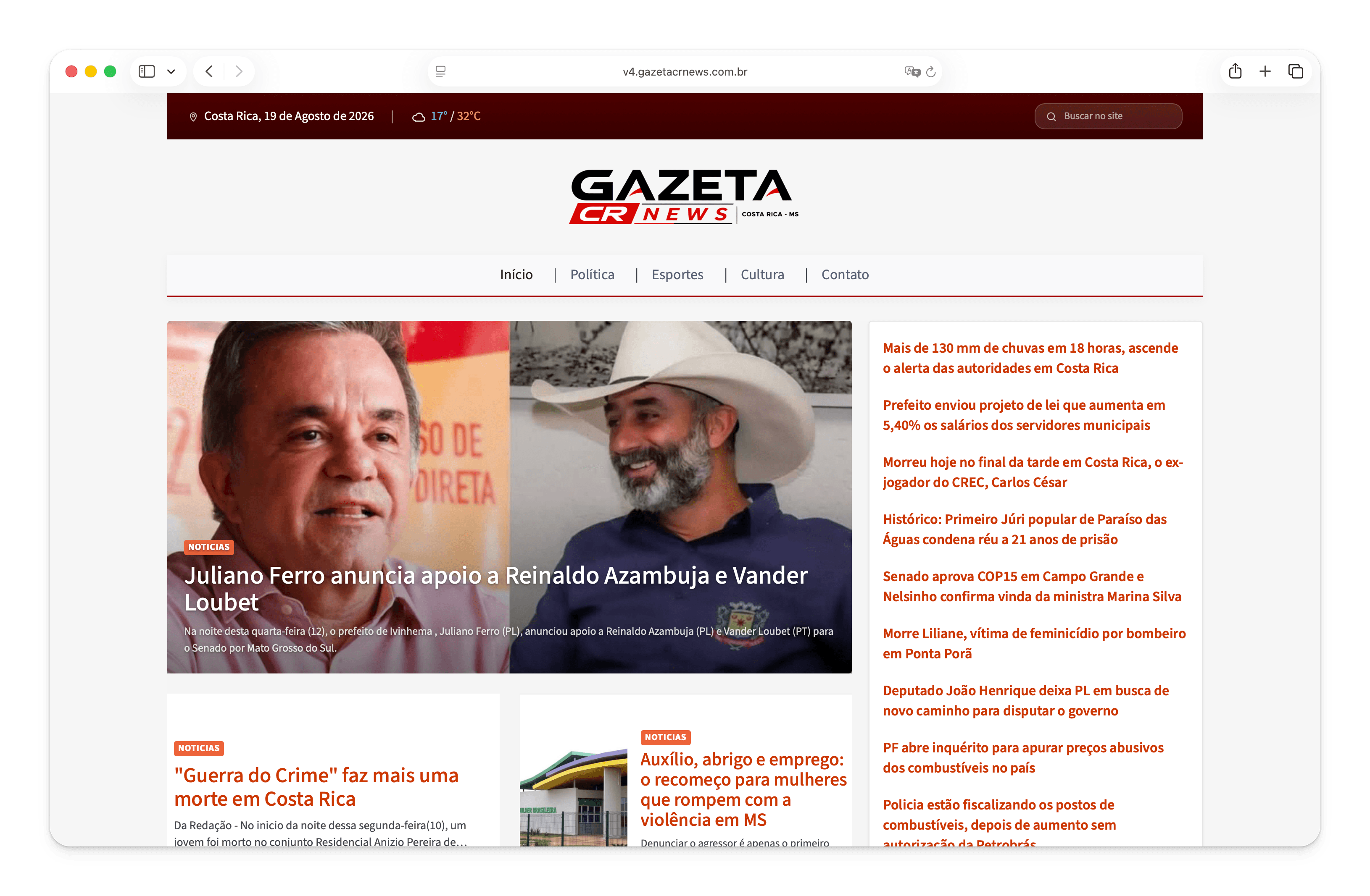 Homepage do site Gazeta CR News criada com o Newzzer