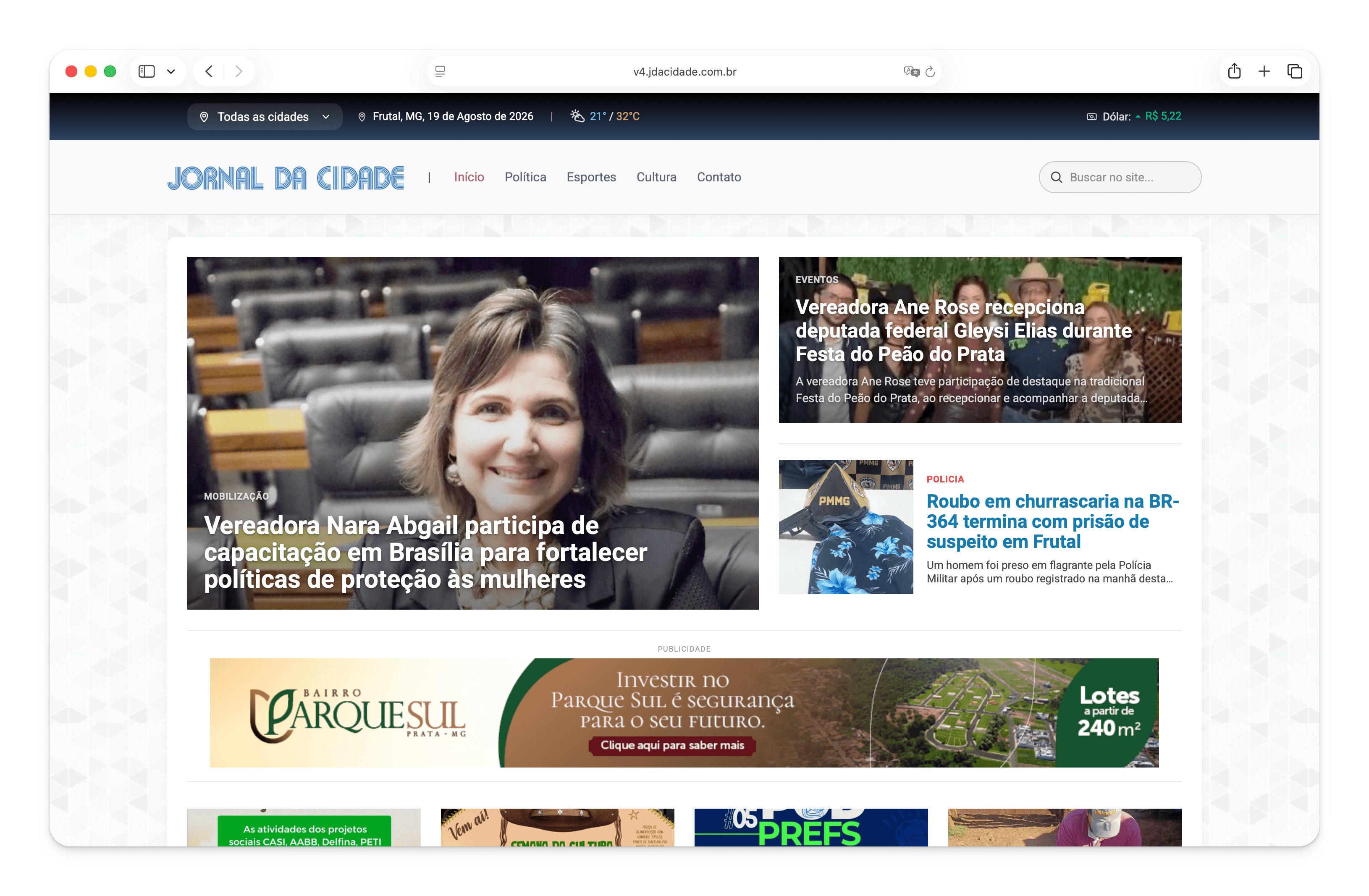 Homepage do site Jornal da Cidade criada com o Newzzer
