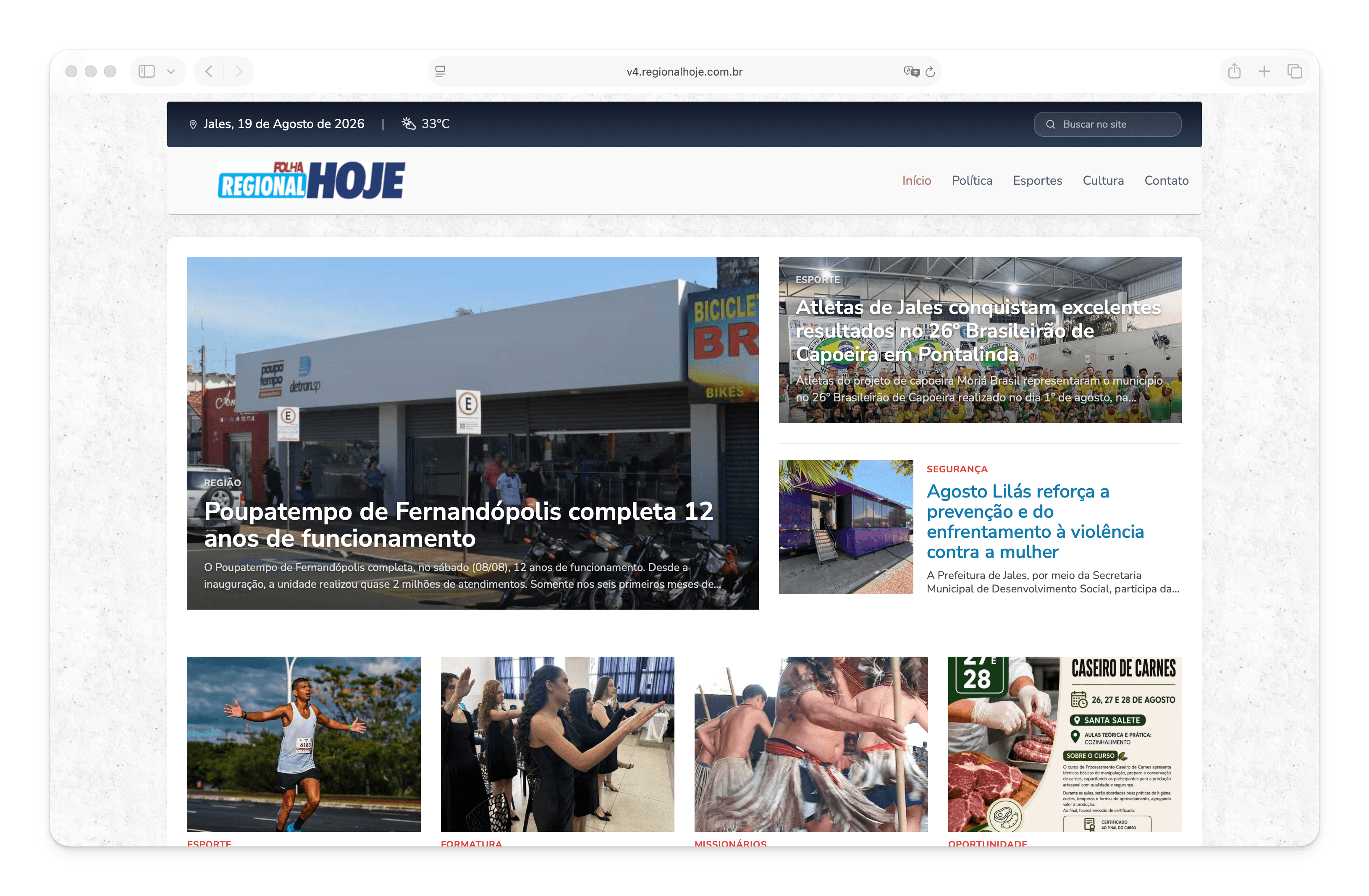 Homepage do site Folha Regional Hoje criado com o Newzzer